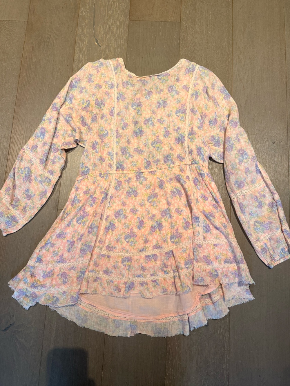 LoveShackFancy Pink Floral Long-Sleeve Dress with Purple Accents